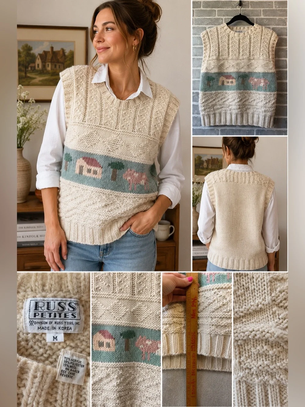 Vintage Russ Petites Cottagecore Sweater Vest Farm Sheep‎ Knit Size M